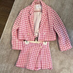 Zara Pink and White Houndstooth Kids Matching Set - Cropped Blazer & Skirt